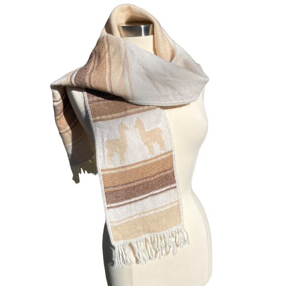 ALPACA CONNECTION Scarf Peru Alpaca Blend Fringe Neutral Western Tan Boho - Picture 13 of 13